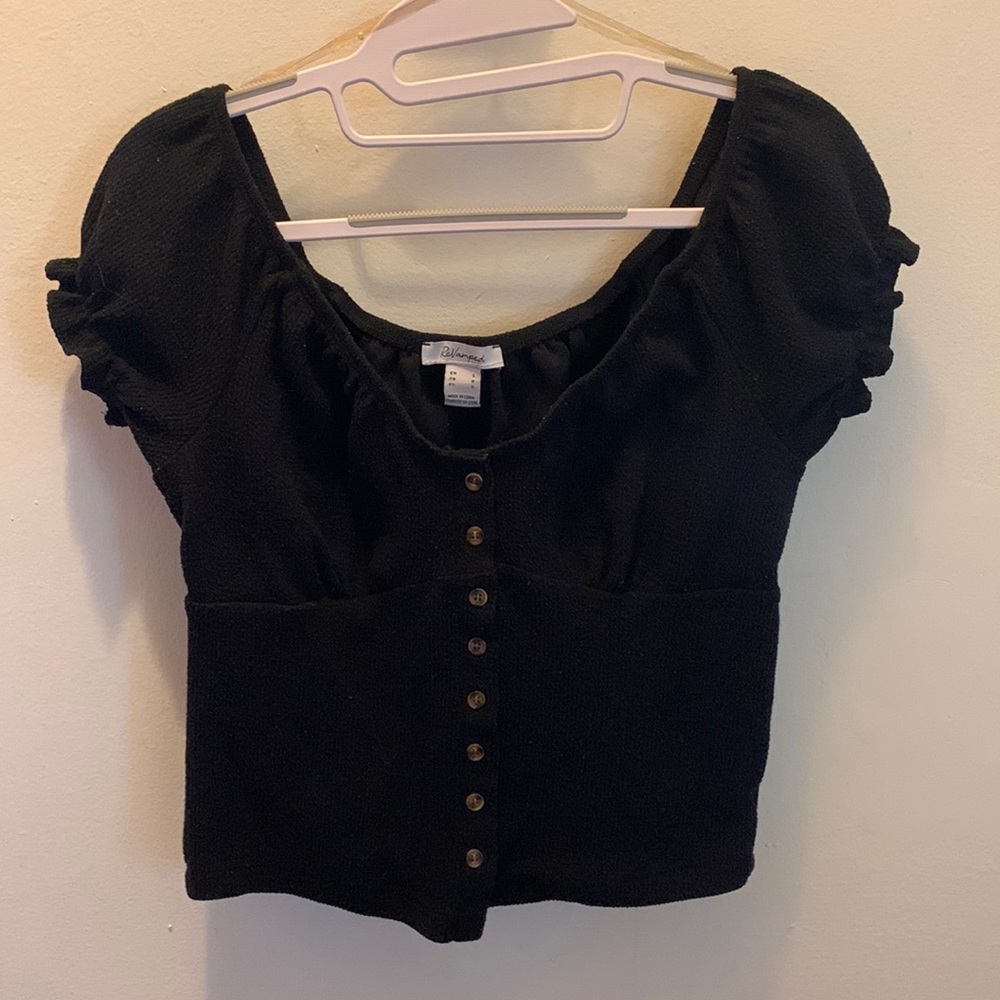 Button down/blouse, shows minimal cleavage, beautifully ruffled sleeves!